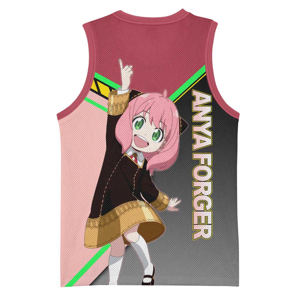 Anya Forger Spy x Family Pink and Black Theme Basketball Jersey with Cheerful Pose and Cartoon Style Accents - The Mazicc
