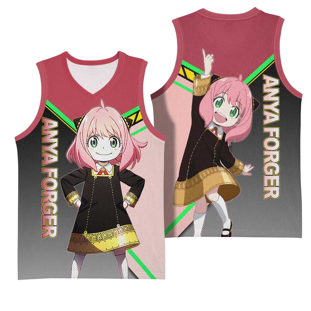 Anya Forger Spy x Family Pink and Black Theme Basketball Jersey with Cheerful Pose and Cartoon Style Accents - The Mazicc