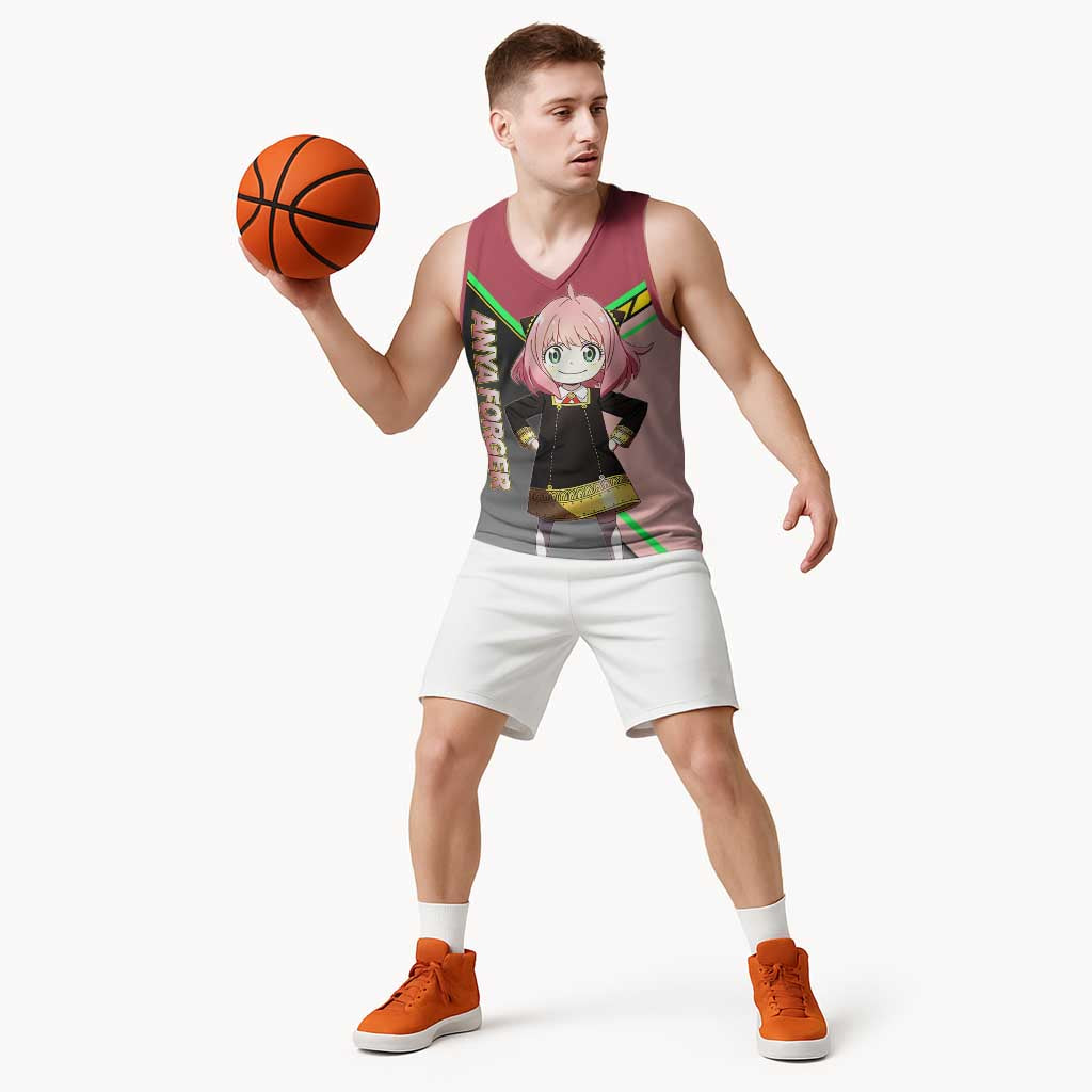 Anya Forger Spy x Family Pink and Black Theme Basketball Jersey with Cheerful Pose and Cartoon Style Accents - The Mazicc