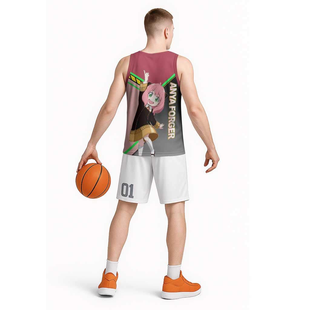 Anya Forger Spy x Family Pink and Black Theme Basketball Jersey with Cheerful Pose and Cartoon Style Accents - The Mazicc