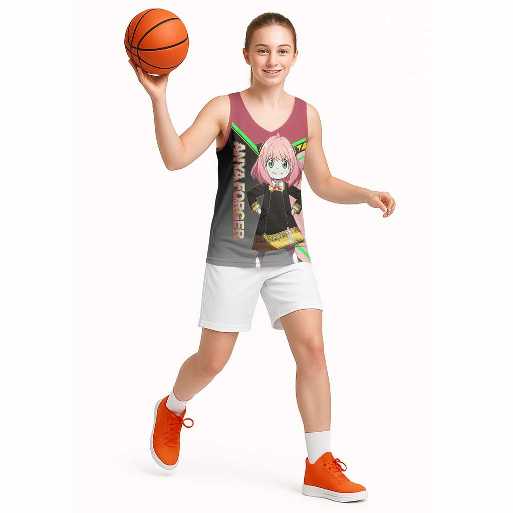 Anya Forger Spy x Family Pink and Black Theme Basketball Jersey with Cheerful Pose and Cartoon Style Accents - The Mazicc