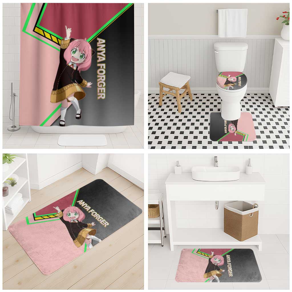 Anya Forger Spy x Family Pink and Black Theme Bathroom Set with Cheerful Pose and Cartoon Style Accents - The Mazicc