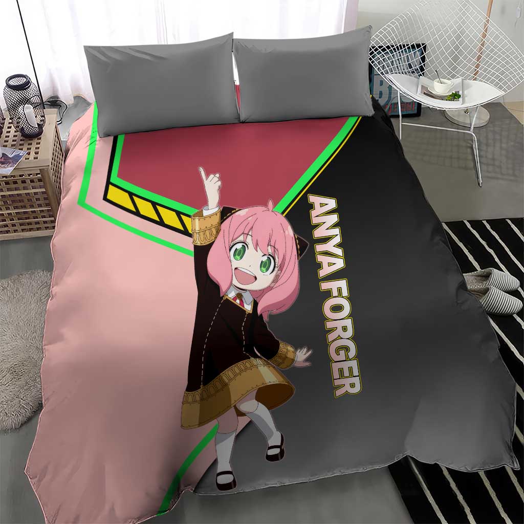 Anya Forger Spy x Family Pink and Black Theme Bedding Set with Cheerful Pose and Cartoon Style Accents - The Mazicc