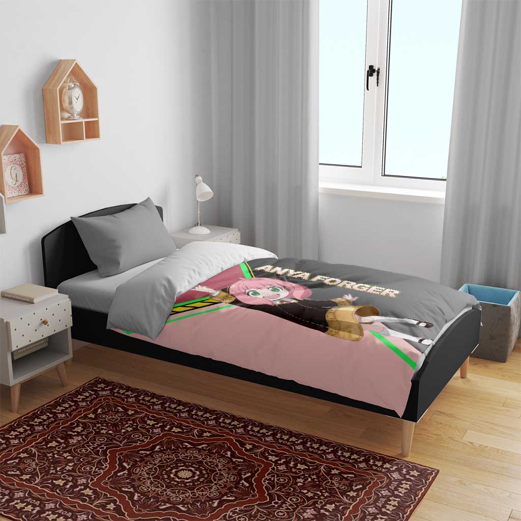 Anya Forger Spy x Family Pink and Black Theme Bedding Set with Cheerful Pose and Cartoon Style Accents - The Mazicc