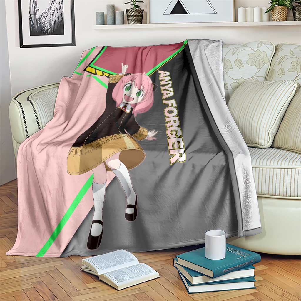Anya Forger Spy x Family Pink and Black Theme Blanket with Cheerful Pose and Cartoon Style Accents - The Mazicc