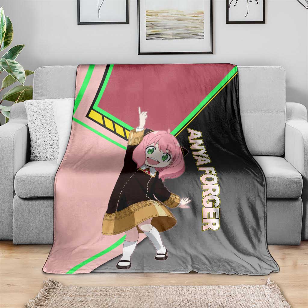 Anya Forger Spy x Family Pink and Black Theme Blanket with Cheerful Pose and Cartoon Style Accents - The Mazicc