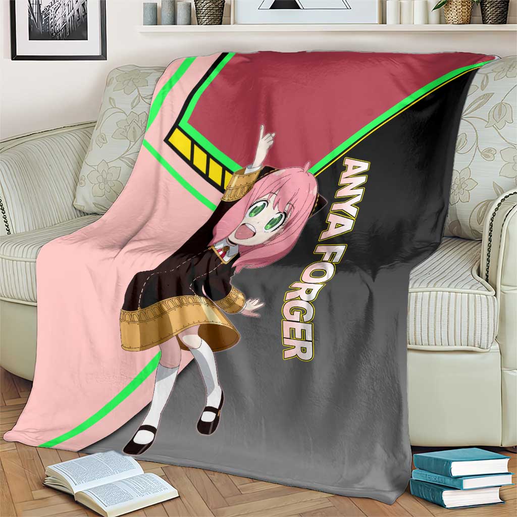 Anya Forger Spy x Family Pink and Black Theme Blanket with Cheerful Pose and Cartoon Style Accents - The Mazicc