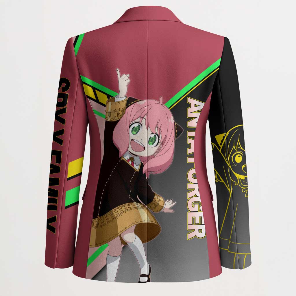 Anya Forger Spy x Family Pink and Black Theme Blazer with Cheerful Pose and Cartoon Style Accents - The Mazicc