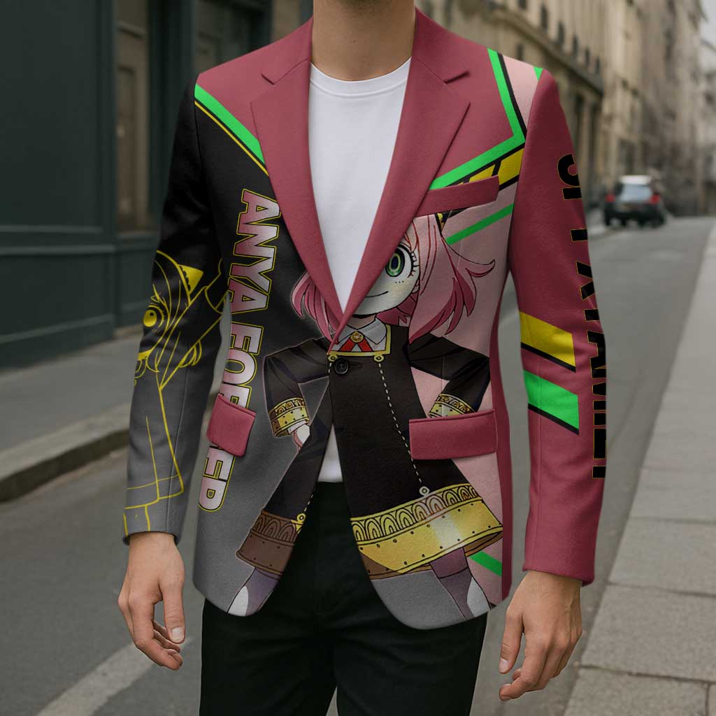 Anya Forger Spy x Family Pink and Black Theme Blazer with Cheerful Pose and Cartoon Style Accents - The Mazicc