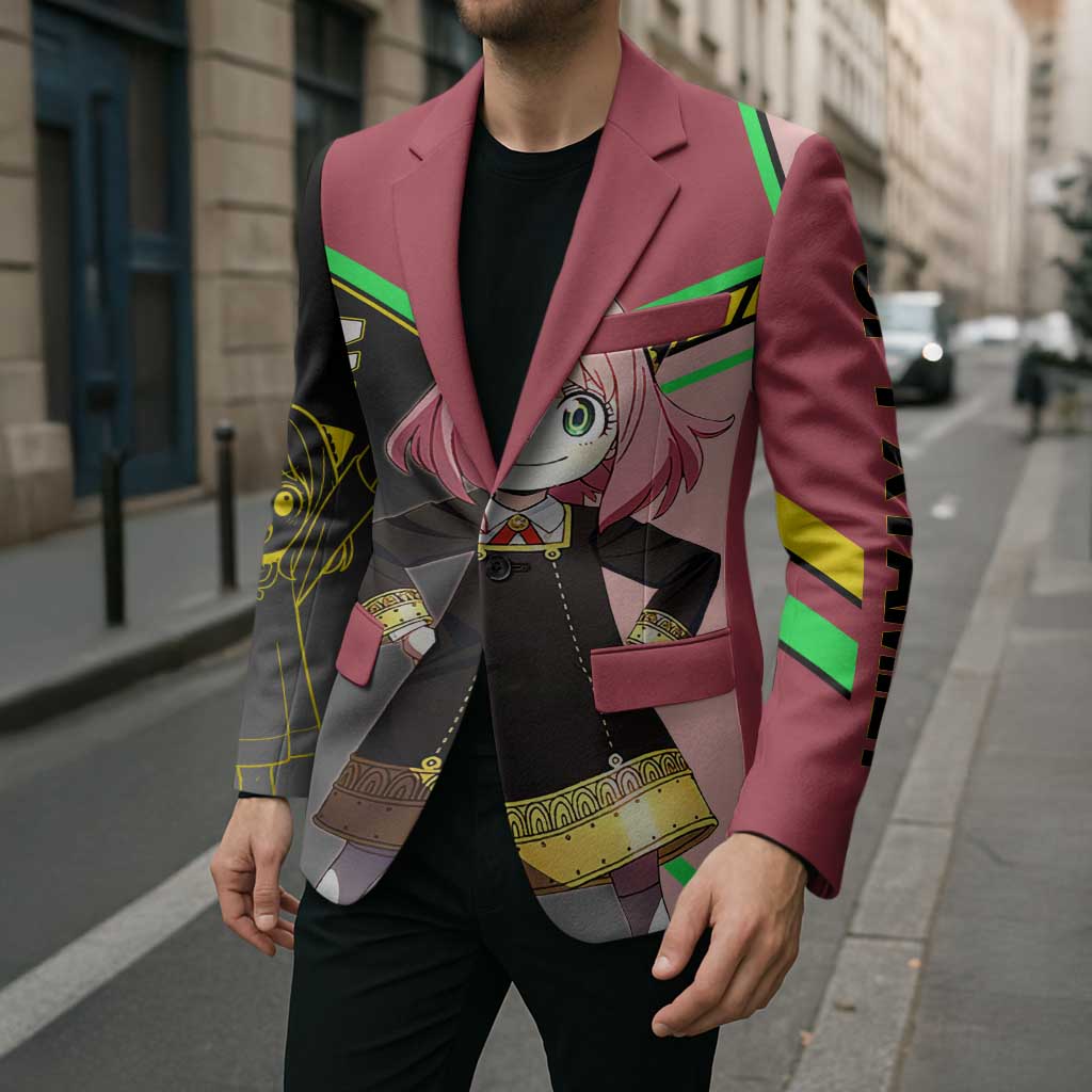 Anya Forger Spy x Family Pink and Black Theme Blazer with Cheerful Pose and Cartoon Style Accents - The Mazicc