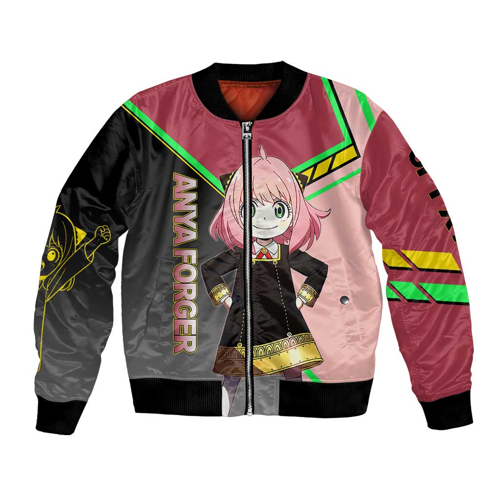Anya Forger Spy x Family Pink and Black Theme Bomber Jacket with Cheerful Pose and Cartoon Style Accents - The Mazicc