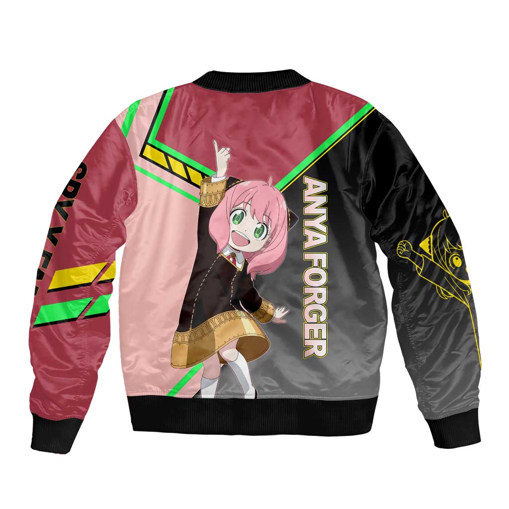 Anya Forger Spy x Family Pink and Black Theme Bomber Jacket with Cheerful Pose and Cartoon Style Accents - The Mazicc