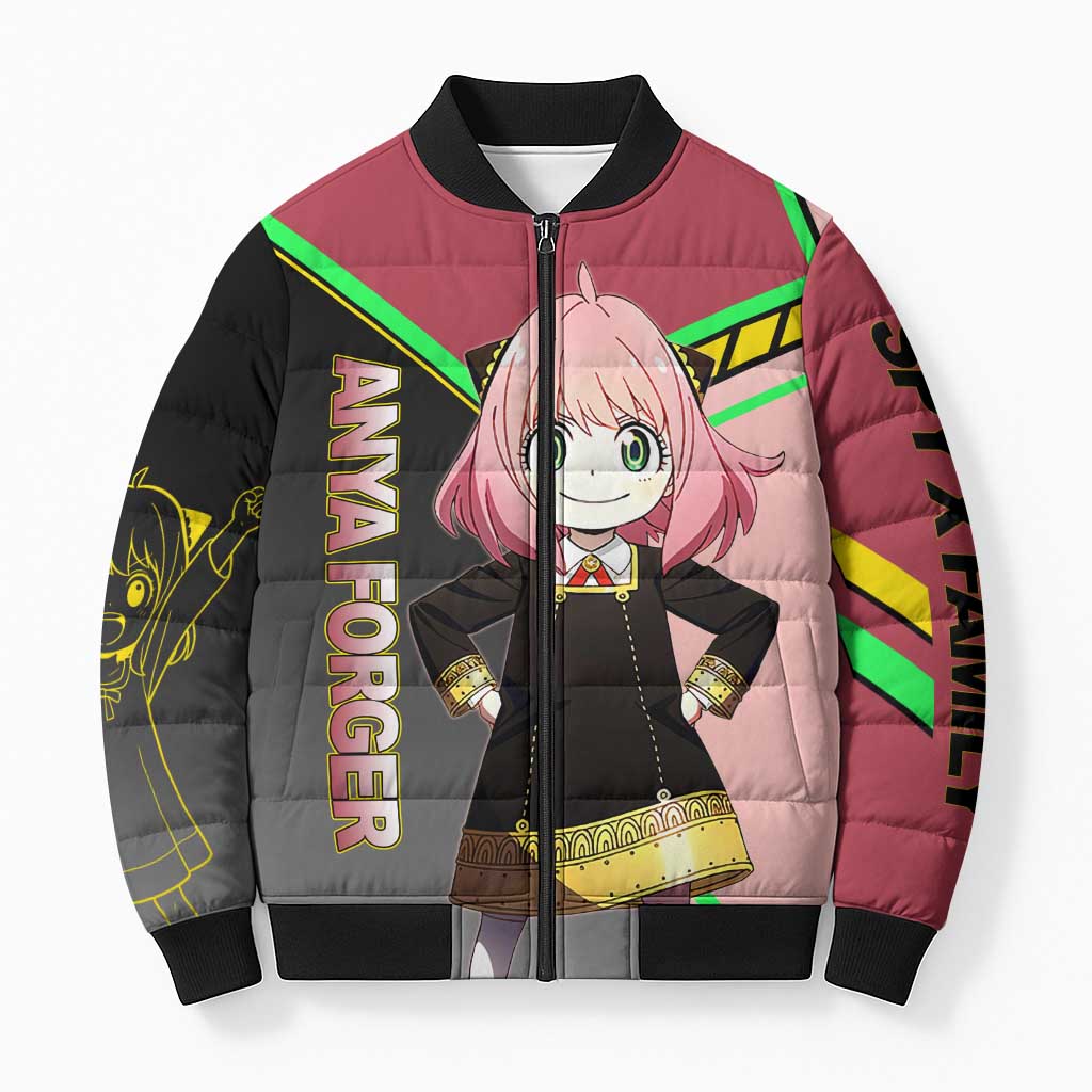 Anya Forger Spy x Family Pink and Black Theme Bomber Puffer Jacket with Cheerful Pose and Cartoon Style Accents - The Mazicc