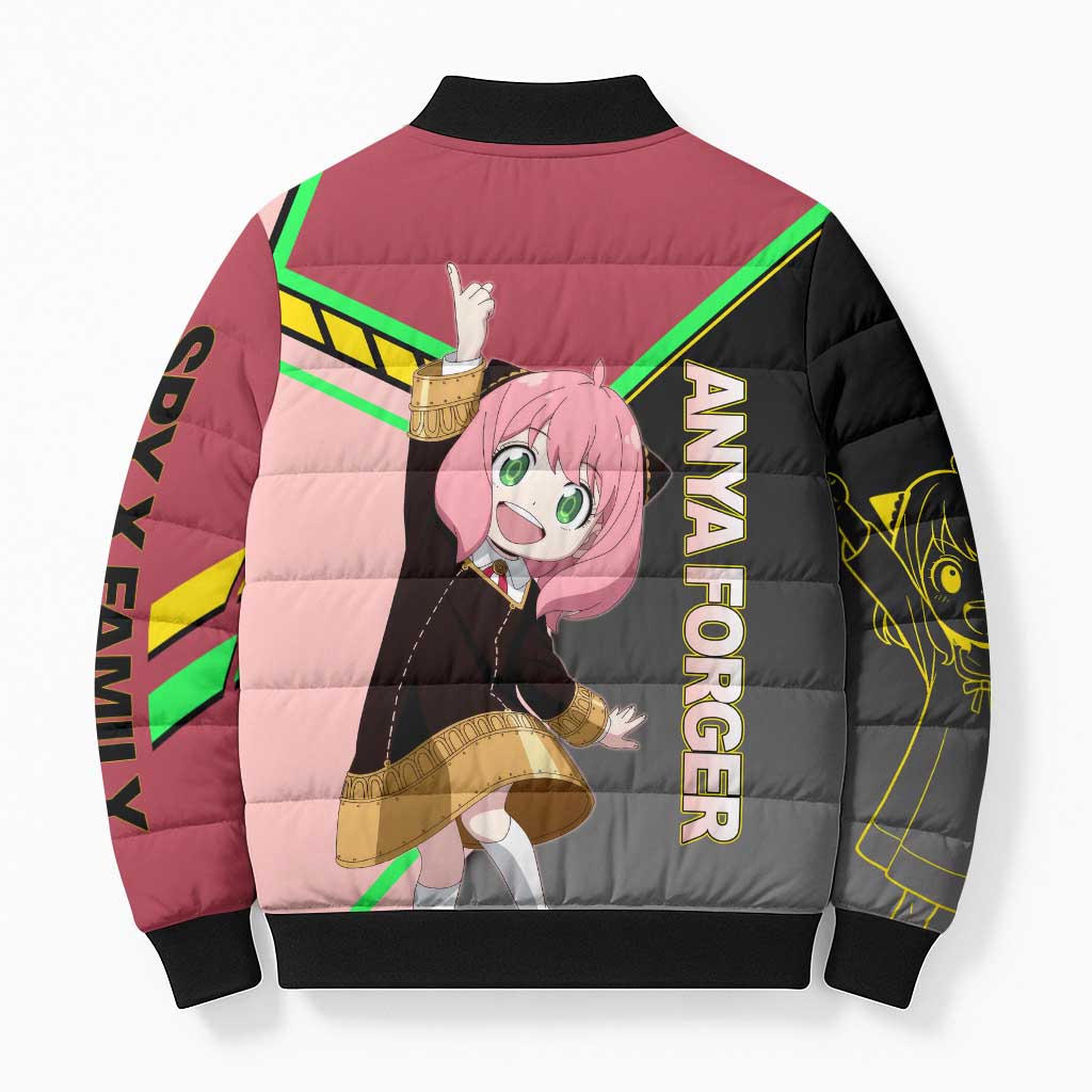 Anya Forger Spy x Family Pink and Black Theme Bomber Puffer Jacket with Cheerful Pose and Cartoon Style Accents - The Mazicc