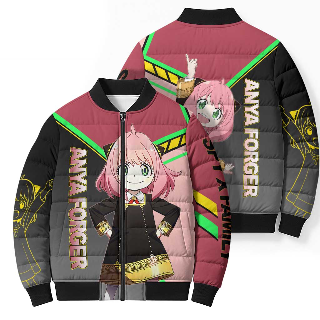 Anya Forger Spy x Family Pink and Black Theme Bomber Puffer Jacket with Cheerful Pose and Cartoon Style Accents - The Mazicc
