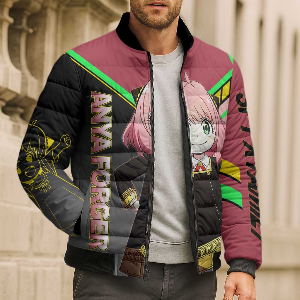 Anya Forger Spy x Family Pink and Black Theme Bomber Puffer Jacket with Cheerful Pose and Cartoon Style Accents - The Mazicc