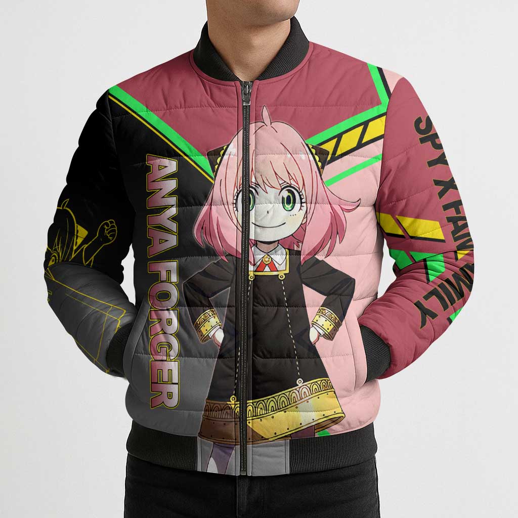 Anya Forger Spy x Family Pink and Black Theme Bomber Puffer Jacket with Cheerful Pose and Cartoon Style Accents - The Mazicc