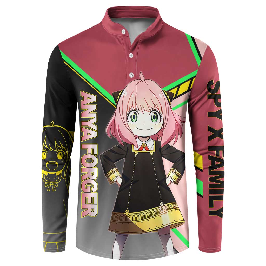Anya Forger Spy x Family Pink and Black Theme Button Sweatshirt with Cheerful Pose and Cartoon Style Accents - The Mazicc