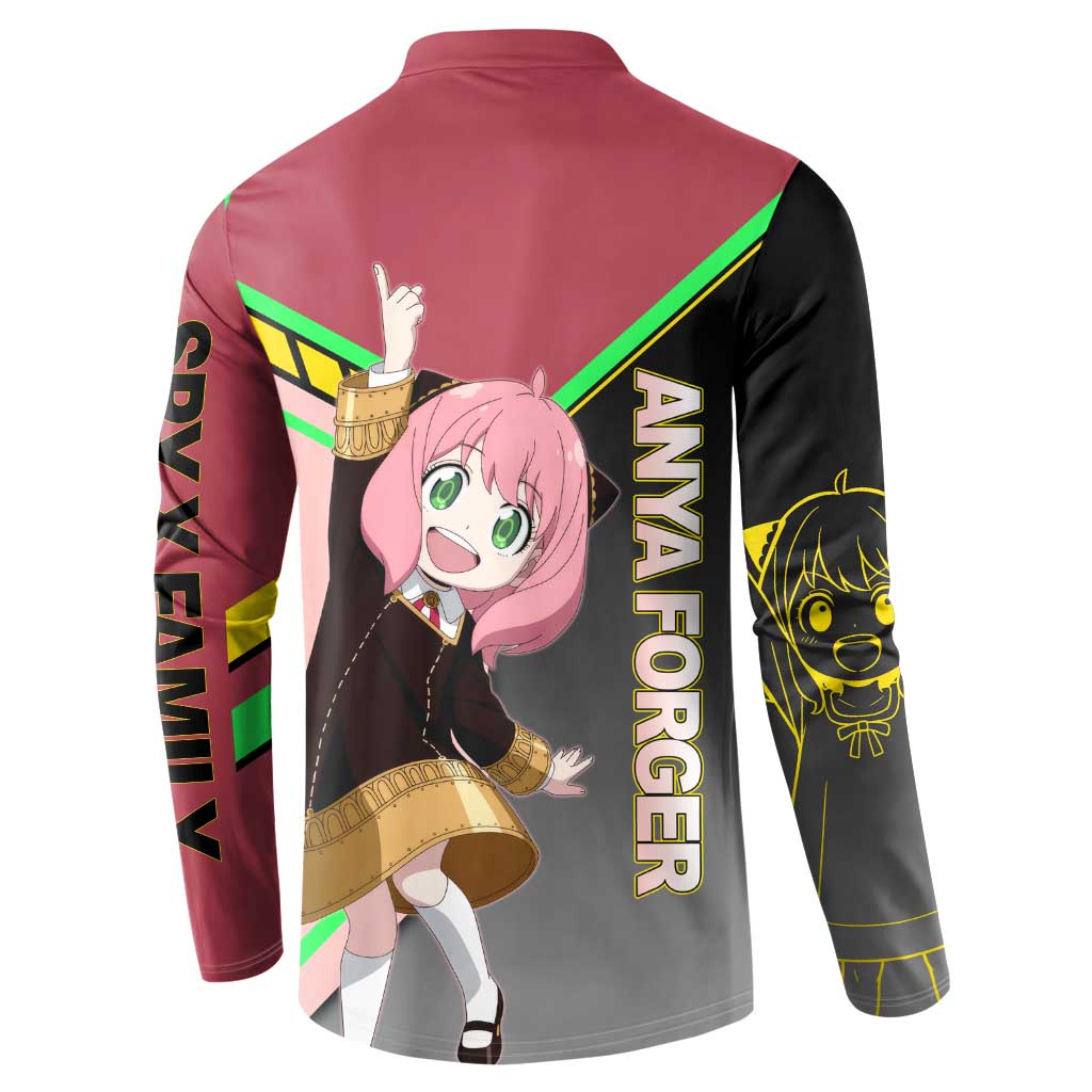 Anya Forger Spy x Family Pink and Black Theme Button Sweatshirt with Cheerful Pose and Cartoon Style Accents - The Mazicc
