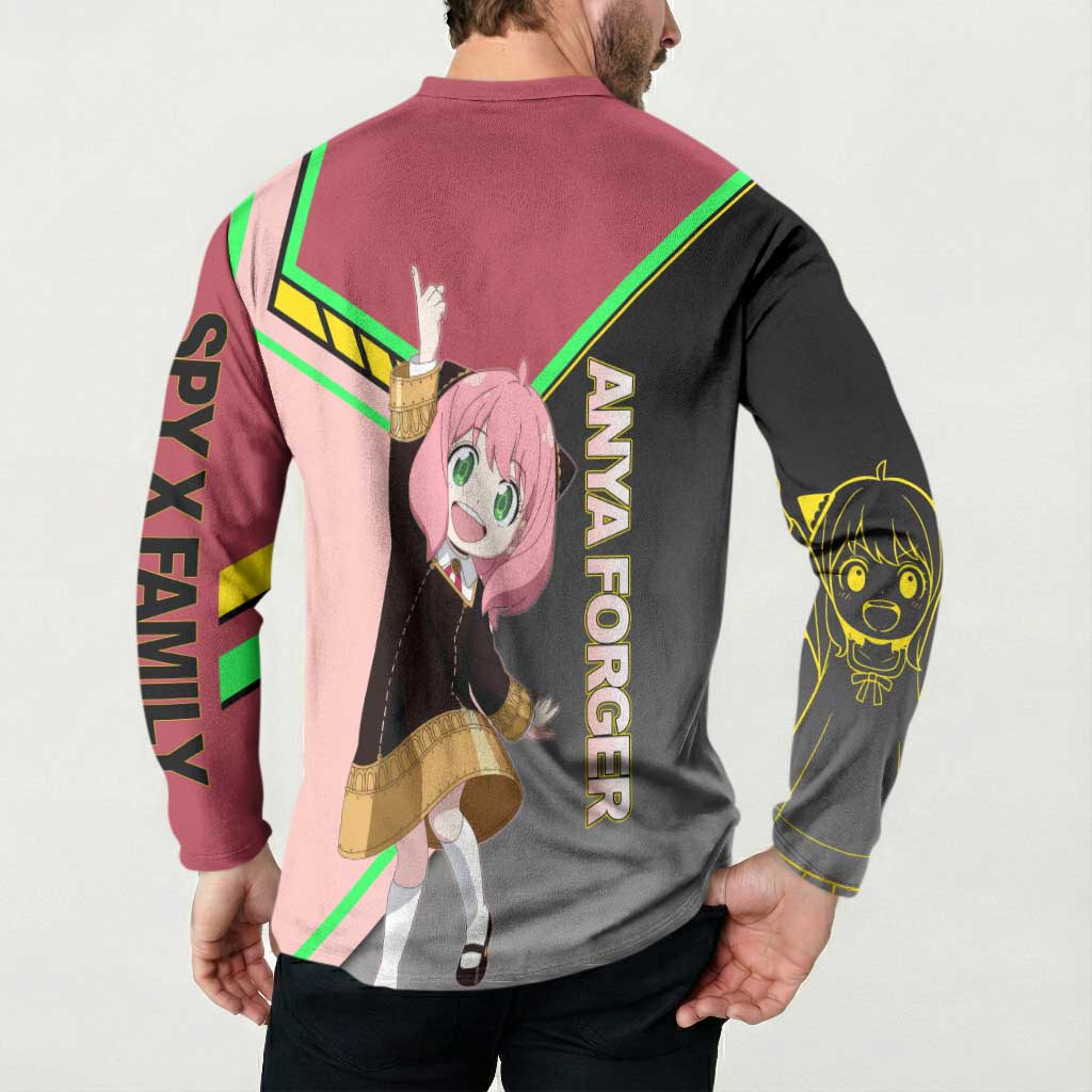 Anya Forger Spy x Family Pink and Black Theme Button Sweatshirt with Cheerful Pose and Cartoon Style Accents - The Mazicc