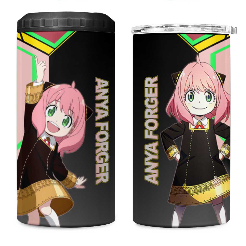 Anya Forger Spy x Family Pink and Black Theme 4 in 1 Can Cooler Tumbler with Cheerful Pose and Cartoon Style Accents - The Mazicc