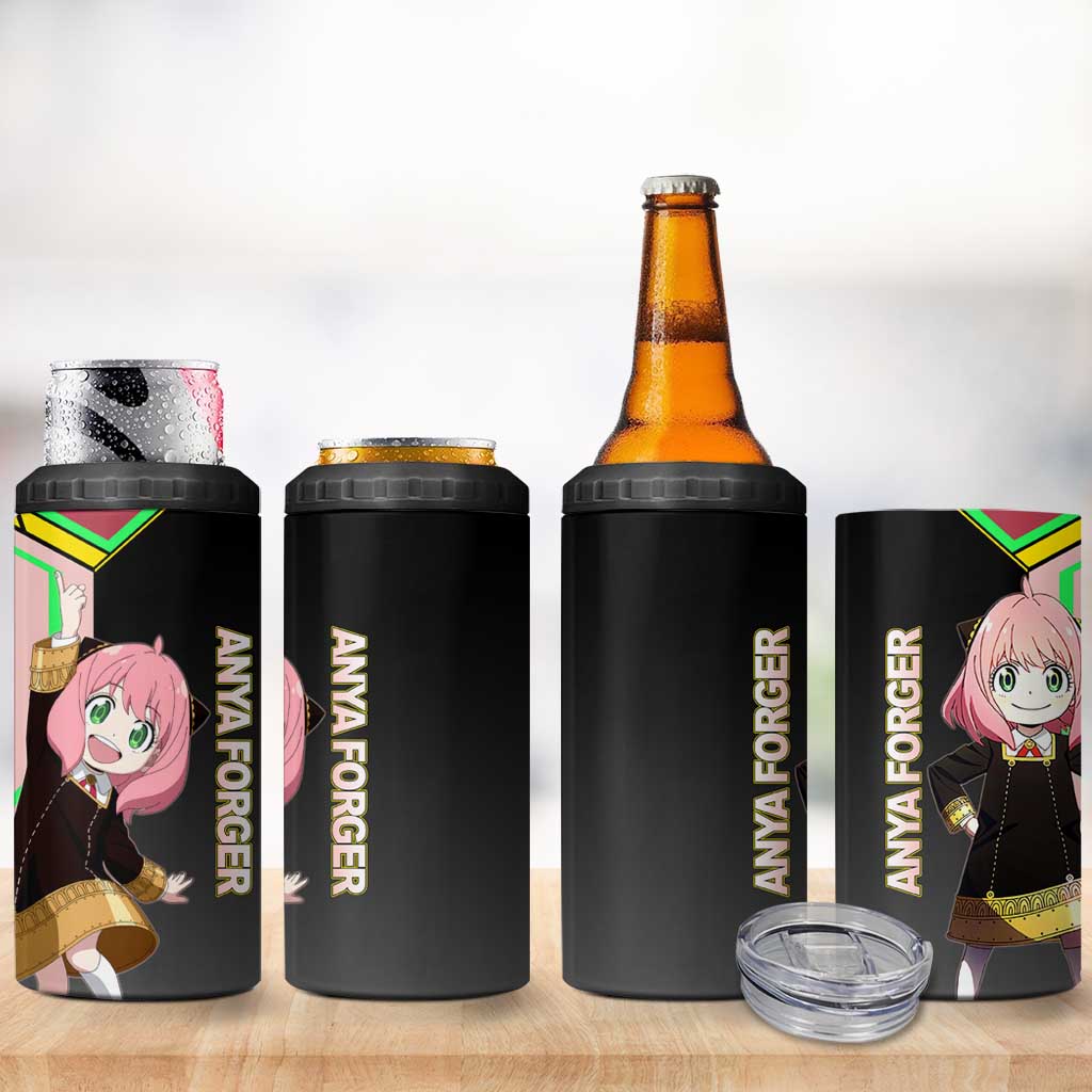Anya Forger Spy x Family Pink and Black Theme 4 in 1 Can Cooler Tumbler with Cheerful Pose and Cartoon Style Accents - The Mazicc