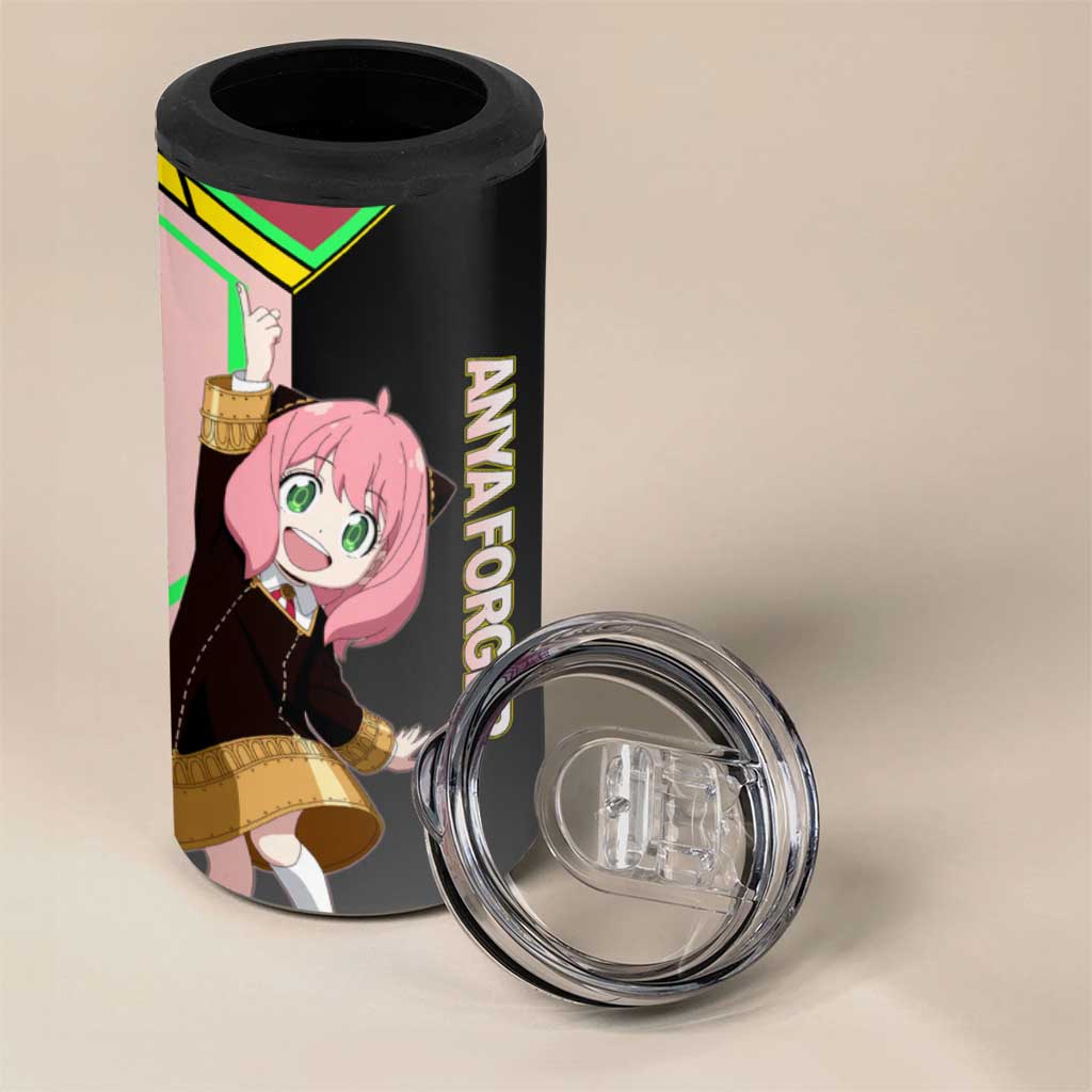 Anya Forger Spy x Family Pink and Black Theme 4 in 1 Can Cooler Tumbler with Cheerful Pose and Cartoon Style Accents - The Mazicc