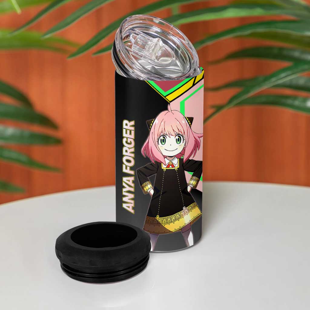 Anya Forger Spy x Family Pink and Black Theme 4 in 1 Can Cooler Tumbler with Cheerful Pose and Cartoon Style Accents - The Mazicc
