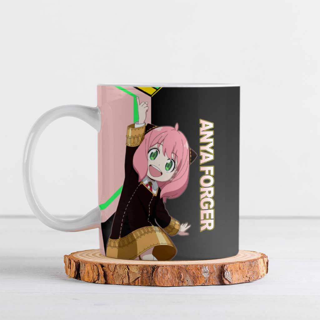 Anya Forger Spy x Family Pink and Black Theme Ceramic Mug with Cheerful Pose and Cartoon Style Accents - The Mazicc