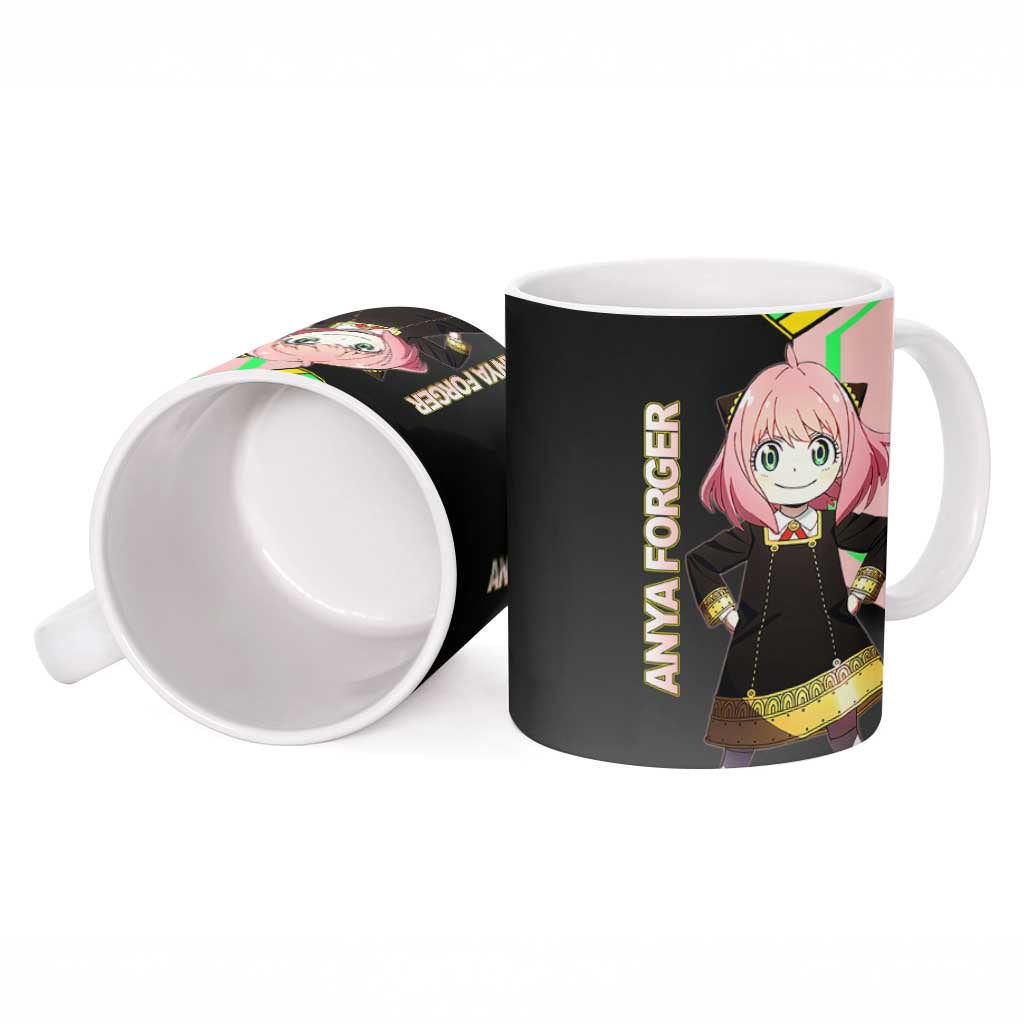 Anya Forger Spy x Family Pink and Black Theme Ceramic Mug with Cheerful Pose and Cartoon Style Accents - The Mazicc