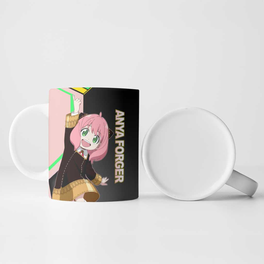 Anya Forger Spy x Family Pink and Black Theme Ceramic Mug with Cheerful Pose and Cartoon Style Accents - The Mazicc