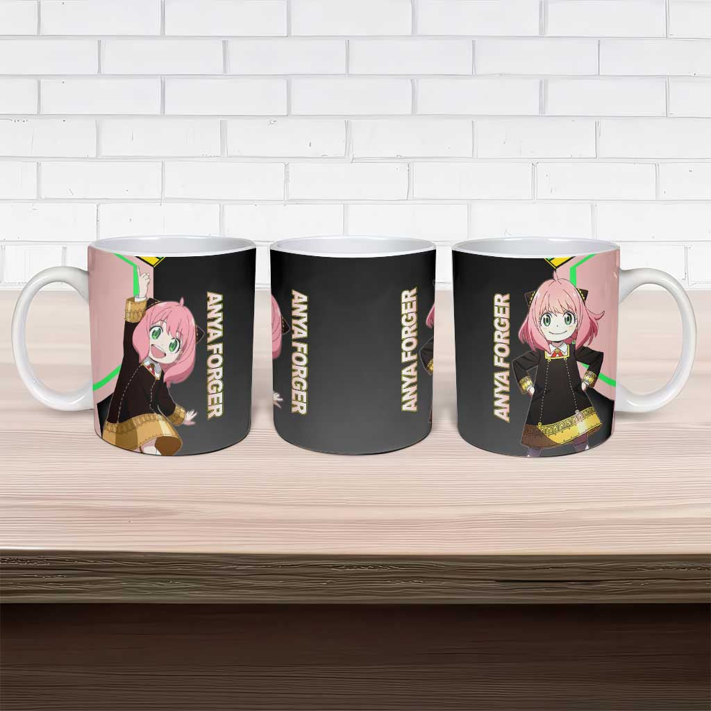 Anya Forger Spy x Family Pink and Black Theme Ceramic Mug with Cheerful Pose and Cartoon Style Accents - The Mazicc
