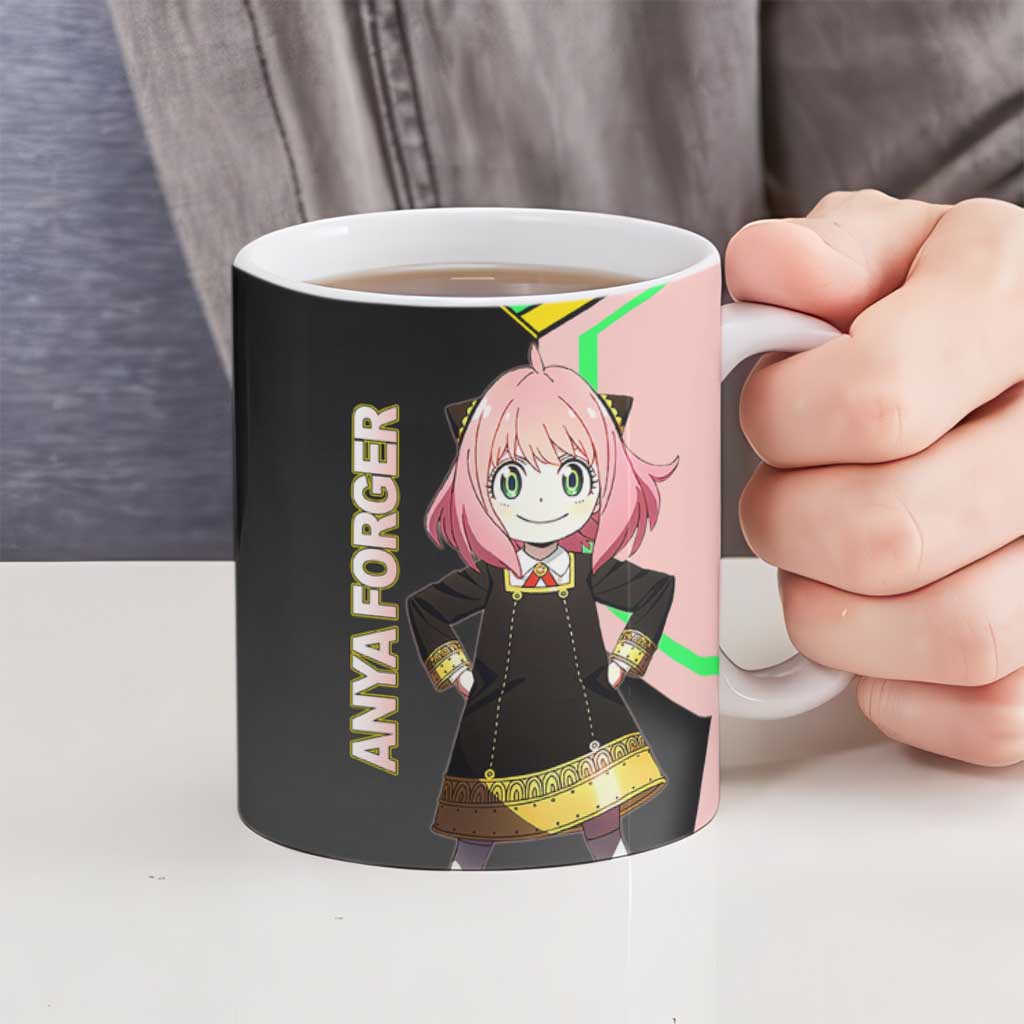 Anya Forger Spy x Family Pink and Black Theme Ceramic Mug with Cheerful Pose and Cartoon Style Accents - The Mazicc