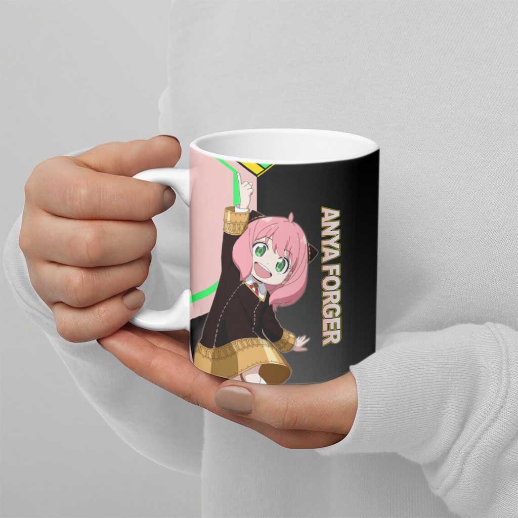 Anya Forger Spy x Family Pink and Black Theme Ceramic Mug with Cheerful Pose and Cartoon Style Accents - The Mazicc