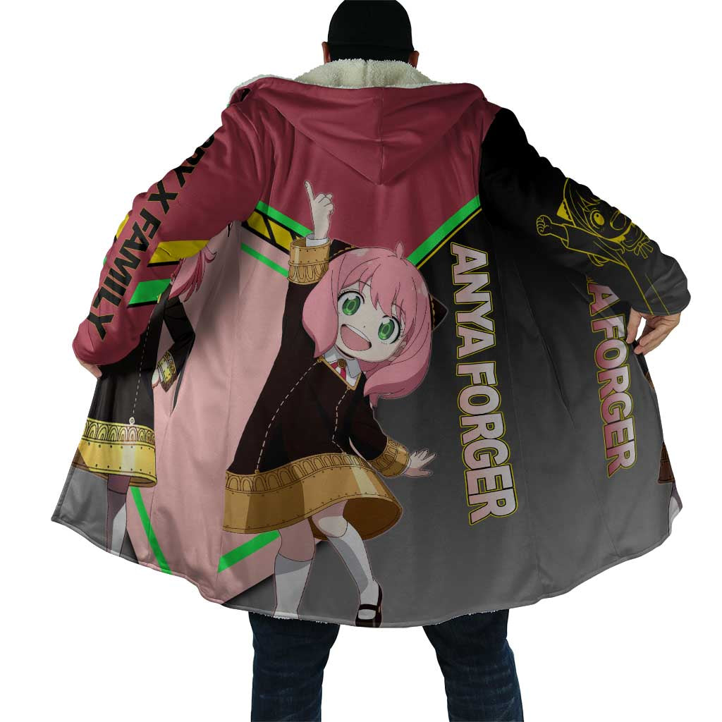 Anya Forger Spy x Family Pink and Black Theme Cloak with Cheerful Pose and Cartoon Style Accents - The Mazicc