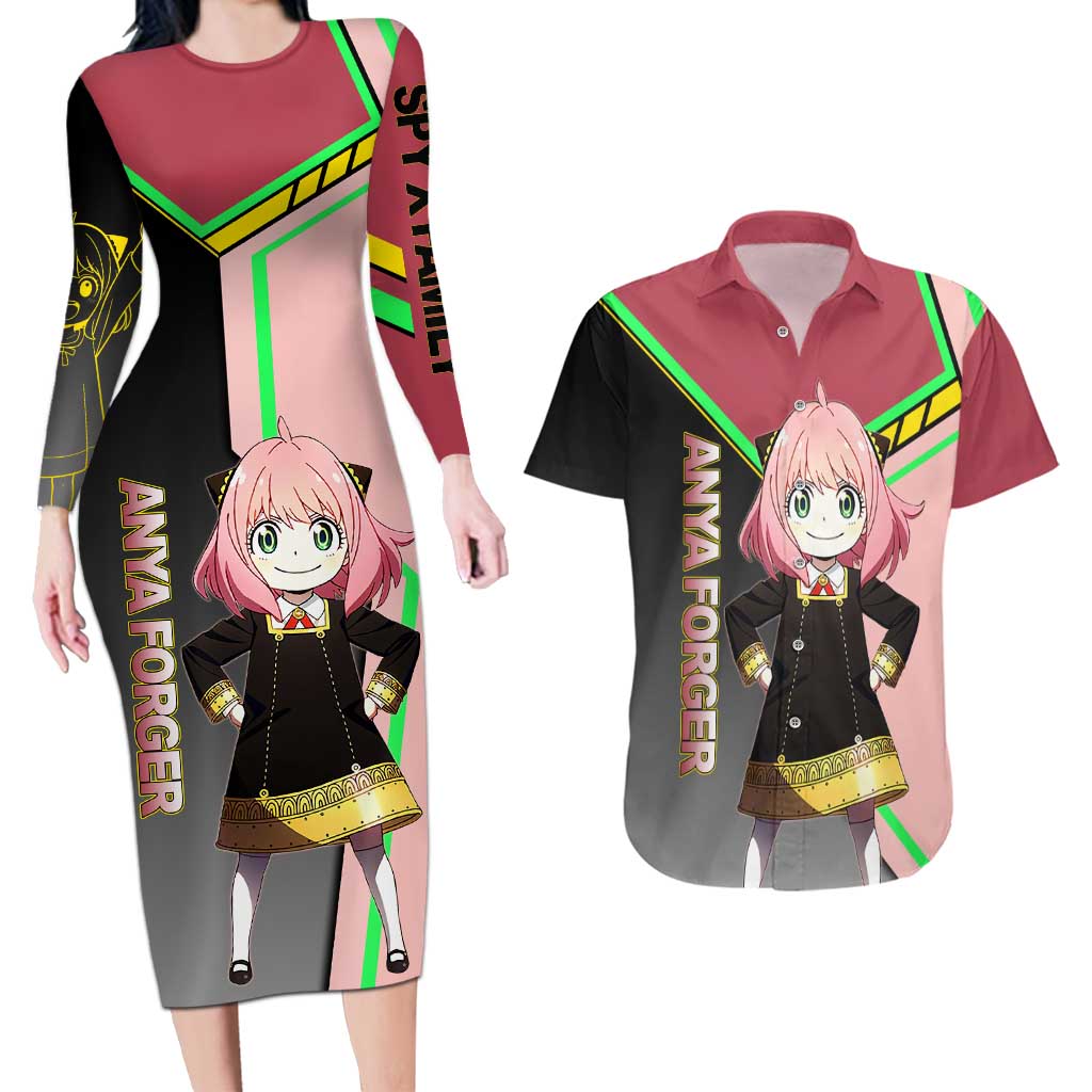 Anya Forger Spy x Family Pink and Black Theme Couples Matching Long Sleeve Bodycon Dress and Hawaiian Shirt with Cheerful Pose and Cartoon Style Accents - The Mazicc