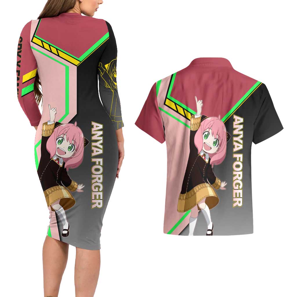 Anya Forger Spy x Family Pink and Black Theme Couples Matching Long Sleeve Bodycon Dress and Hawaiian Shirt with Cheerful Pose and Cartoon Style Accents - The Mazicc
