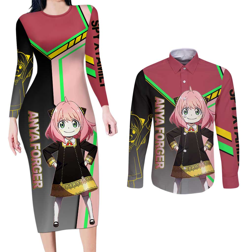 Anya Forger Spy x Family Pink and Black Theme Couples Matching Long Sleeve Bodycon Dress and Long Sleeve Button Shirt with Cheerful Pose and Cartoon Style Accents - The Mazicc