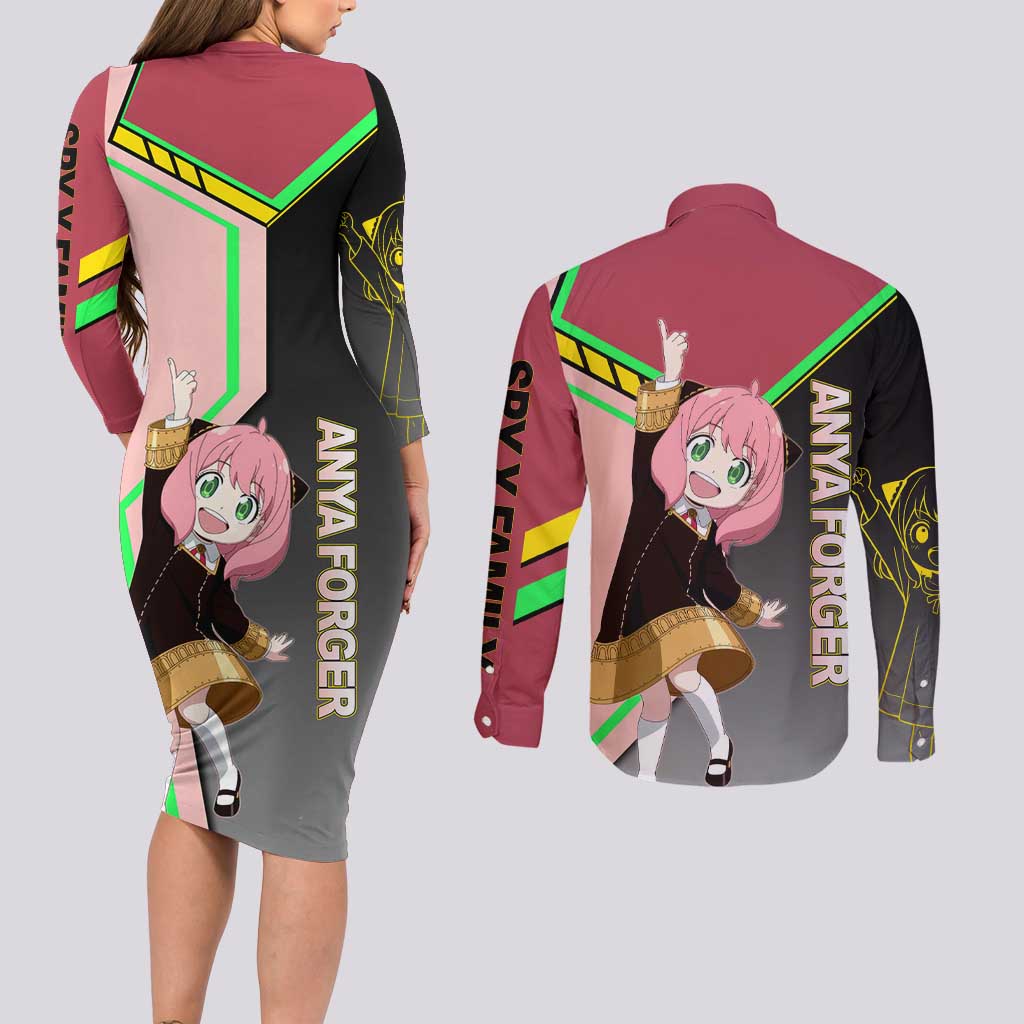 Anya Forger Spy x Family Pink and Black Theme Couples Matching Long Sleeve Bodycon Dress and Long Sleeve Button Shirt with Cheerful Pose and Cartoon Style Accents - The Mazicc