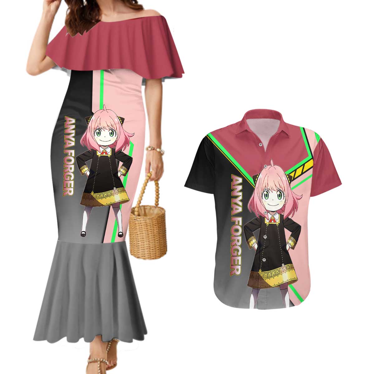 Anya Forger Spy x Family Pink and Black Theme Couples Matching Mermaid Dress and Hawaiian Shirt with Cheerful Pose and Cartoon Style Accents - The Mazicc