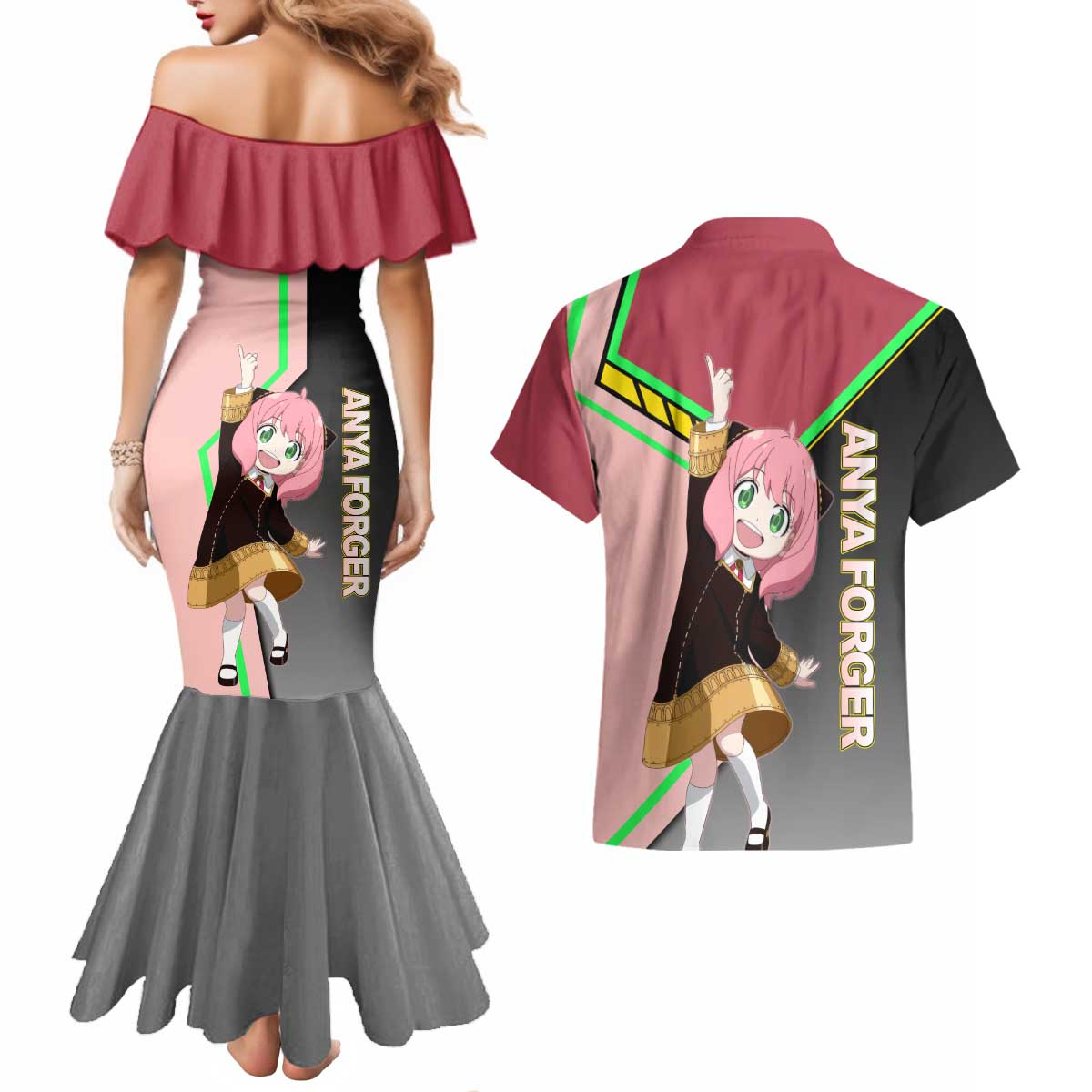 Anya Forger Spy x Family Pink and Black Theme Couples Matching Mermaid Dress and Hawaiian Shirt with Cheerful Pose and Cartoon Style Accents - The Mazicc