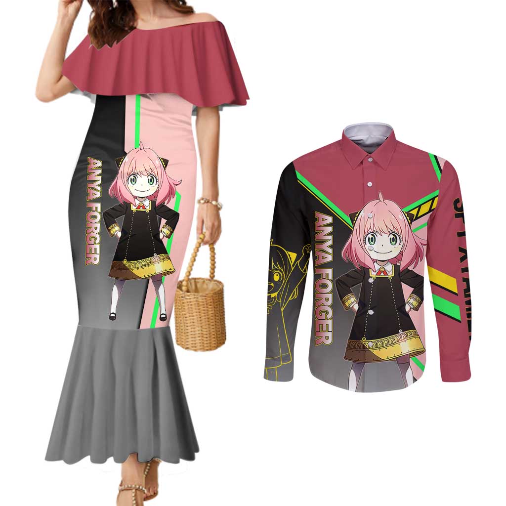 Anya Forger Spy x Family Pink and Black Theme Couples Matching Mermaid Dress and Long Sleeve Button Shirt with Cheerful Pose and Cartoon Style Accents - The Mazicc