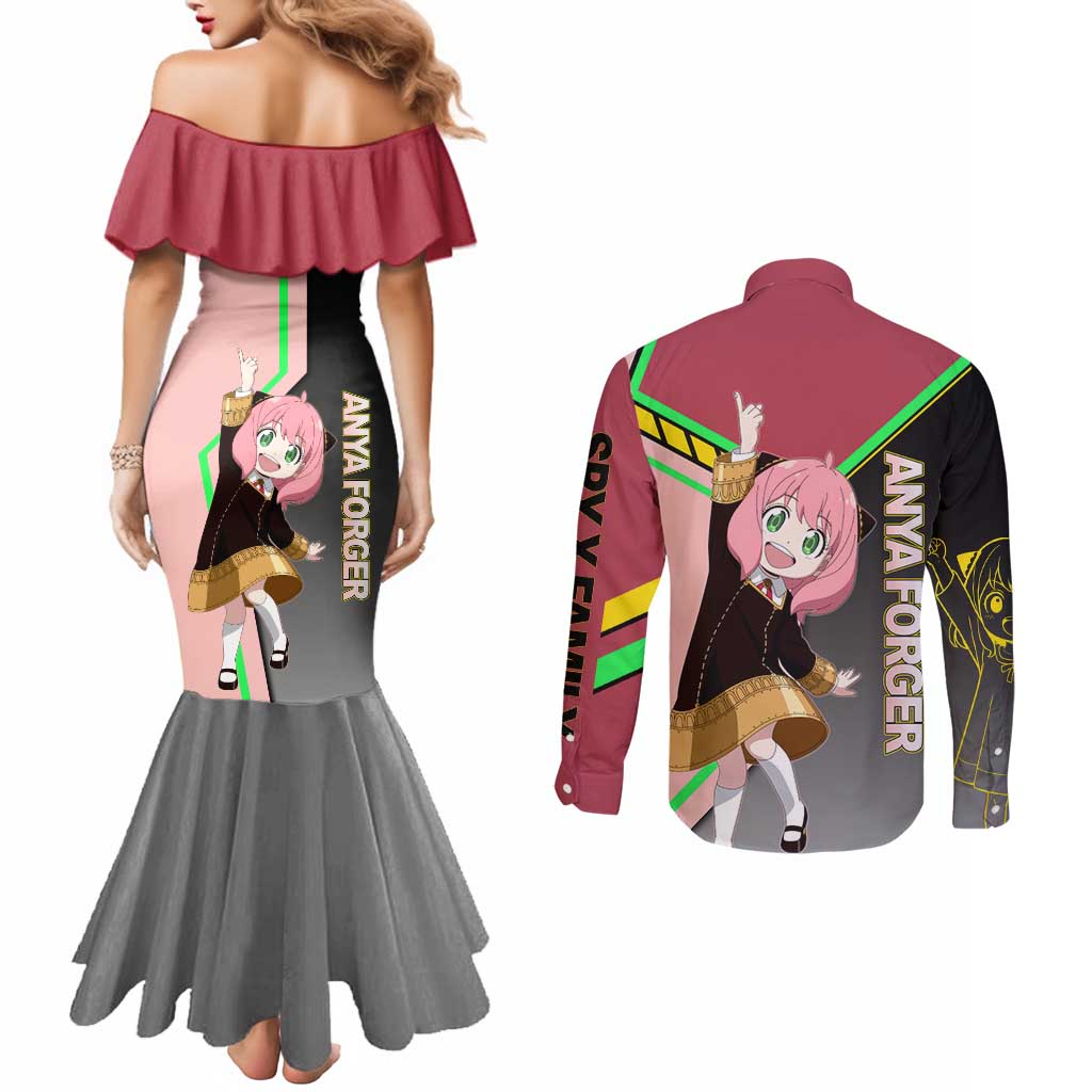 Anya Forger Spy x Family Pink and Black Theme Couples Matching Mermaid Dress and Long Sleeve Button Shirt with Cheerful Pose and Cartoon Style Accents - The Mazicc