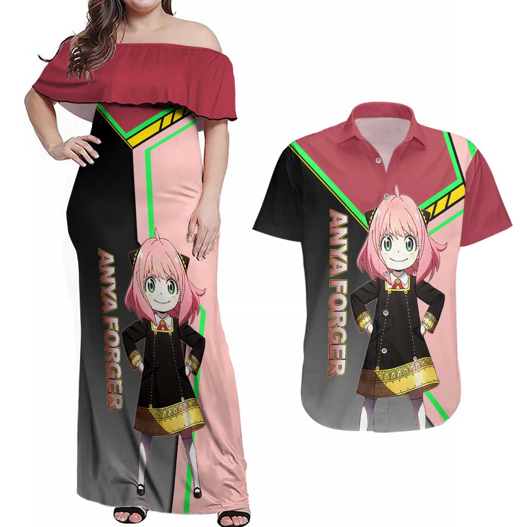 Anya Forger Spy x Family Pink and Black Theme Couples Matching Off Shoulder Maxi Dress and Hawaiian Shirt with Cheerful Pose and Cartoon Style Accents - The Mazicc