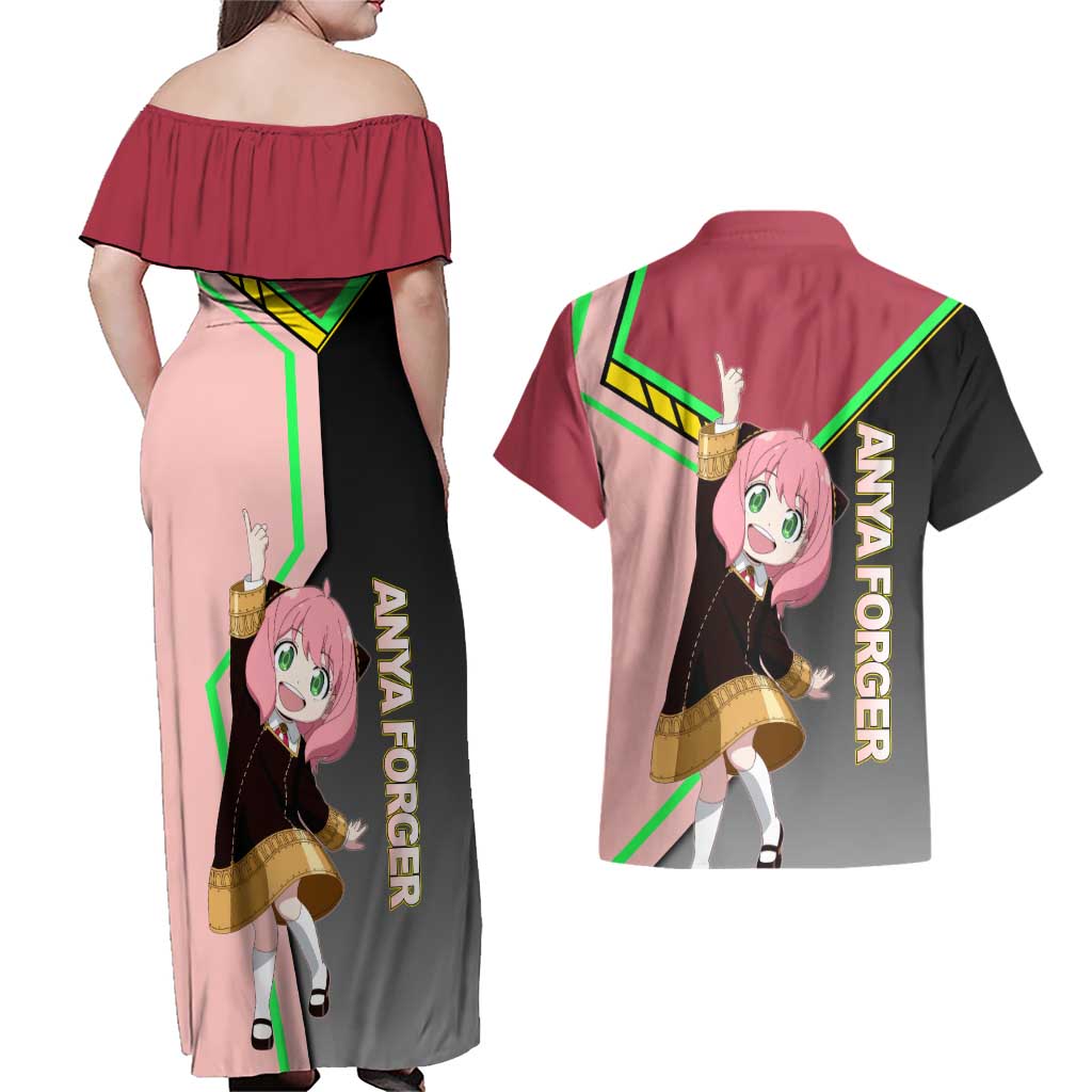 Anya Forger Spy x Family Pink and Black Theme Couples Matching Off Shoulder Maxi Dress and Hawaiian Shirt with Cheerful Pose and Cartoon Style Accents - The Mazicc