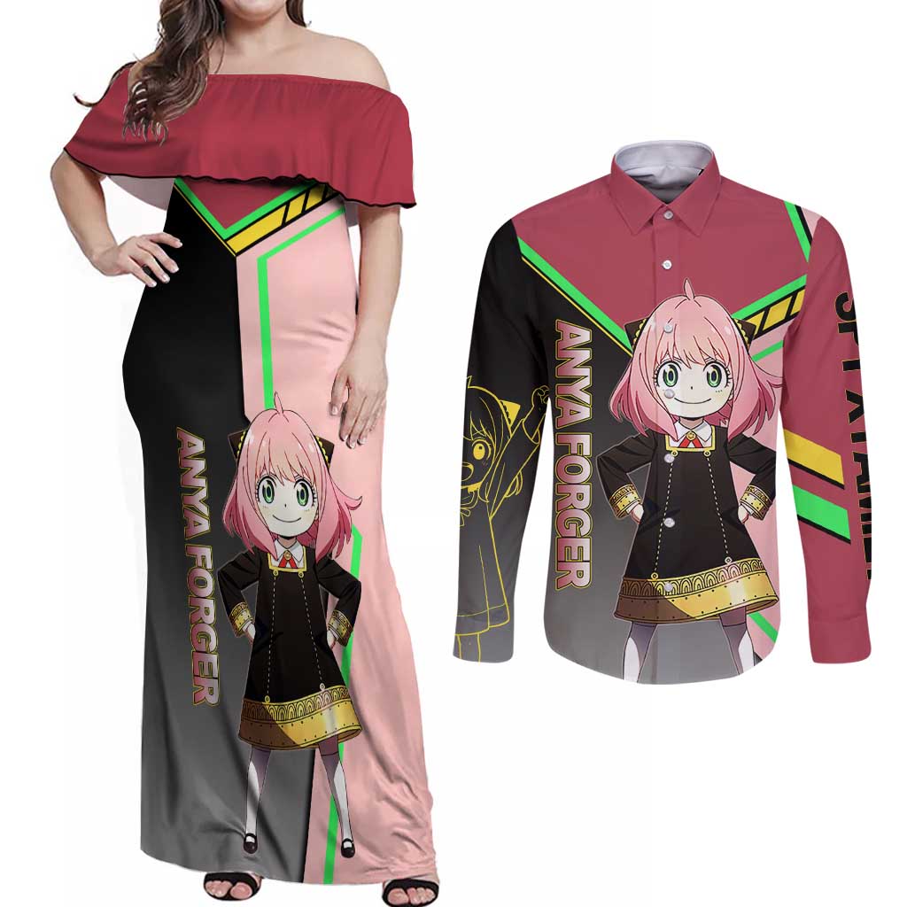 Anya Forger Spy x Family Pink and Black Theme Couples Matching Off Shoulder Maxi Dress and Long Sleeve Button Shirt with Cheerful Pose and Cartoon Style Accents - The Mazicc