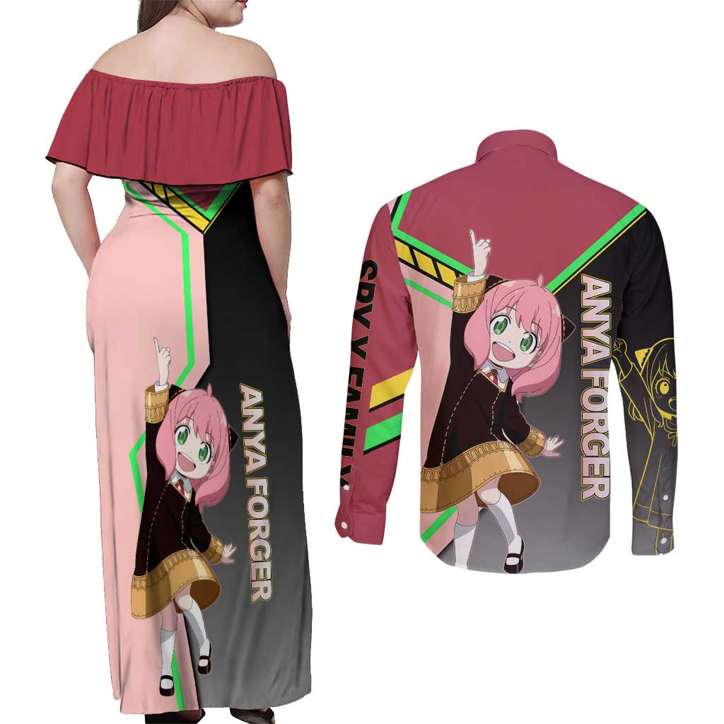 Anya Forger Spy x Family Pink and Black Theme Couples Matching Off Shoulder Maxi Dress and Long Sleeve Button Shirt with Cheerful Pose and Cartoon Style Accents - The Mazicc