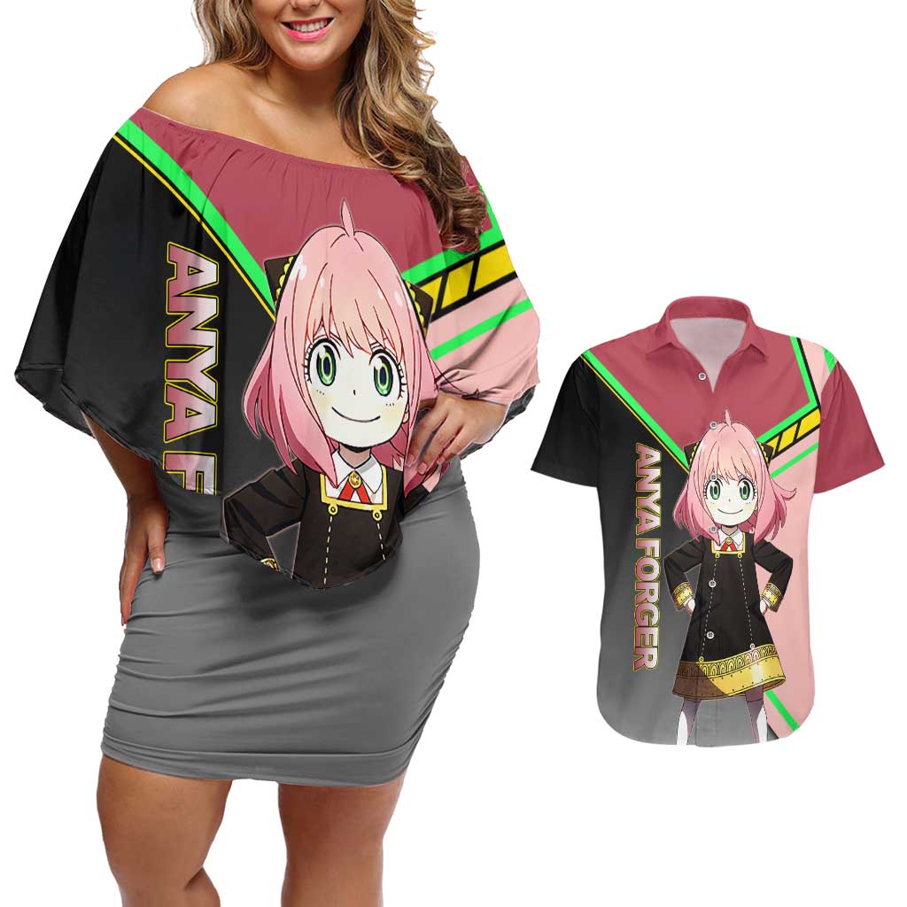 Anya Forger Spy x Family Pink and Black Theme Couples Matching Off Shoulder Short Dress and Hawaiian Shirt with Cheerful Pose and Cartoon Style Accents - The Mazicc