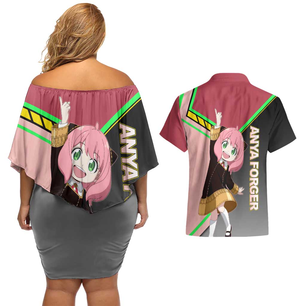 Anya Forger Spy x Family Pink and Black Theme Couples Matching Off Shoulder Short Dress and Hawaiian Shirt with Cheerful Pose and Cartoon Style Accents - The Mazicc