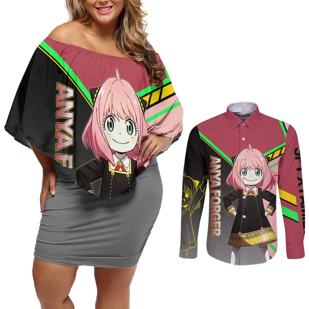 Anya Forger Spy x Family Pink and Black Theme Couples Matching Off Shoulder Short Dress and Long Sleeve Button Shirt with Cheerful Pose and Cartoon Style Accents - The Mazicc